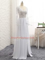 Traditional Empire Evening Dress White V-neck Chiffon Long Sleeves Floor Length Zipper