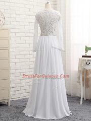 Traditional Empire Evening Dress White V-neck Chiffon Long Sleeves Floor Length Zipper