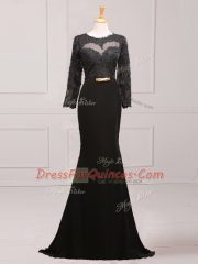 Black Prom Evening Gown Scoop Long Sleeves Brush Train Side Zipper