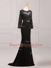 Black Prom Evening Gown Scoop Long Sleeves Brush Train Side Zipper
