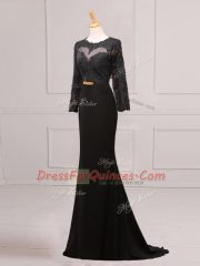 Black Prom Evening Gown Scoop Long Sleeves Brush Train Side Zipper