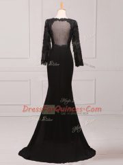 Black Prom Evening Gown Scoop Long Sleeves Brush Train Side Zipper