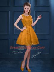 Colorful Gold Tulle Zipper Scoop Sleeveless Knee Length Quinceanera Court of Honor Dress Lace and Ruffled Layers