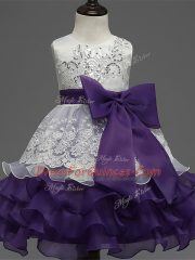 Scoop Sleeveless Little Girl Pageant Dress Tea Length Lace and Ruffled Layers and Bowknot White And Purple Organza