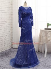 Superior Tulle Bateau Long Sleeves Brush Train Zipper Lace Prom Dress in Blue