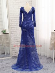 Superior Tulle Bateau Long Sleeves Brush Train Zipper Lace Prom Dress in Blue
