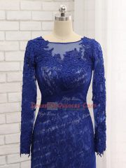 Superior Tulle Bateau Long Sleeves Brush Train Zipper Lace Prom Dress in Blue