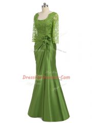 Stylish Olive Green Column/Sheath Lace and Appliques and Hand Made Flower Prom Evening Gown Zipper Elastic Woven Satin Long Sleeves Floor Length