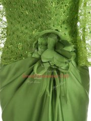 Stylish Olive Green Column/Sheath Lace and Appliques and Hand Made Flower Prom Evening Gown Zipper Elastic Woven Satin Long Sleeves Floor Length