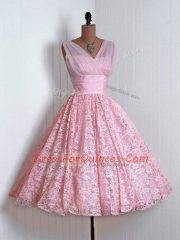 Ideal A-line Damas Dress Baby Pink V-neck Lace Sleeveless Mini Length Lace Up