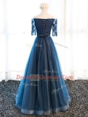 V-neck Half Sleeves Tulle Prom Evening Gown Beading and Lace and Appliques Lace Up