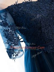 V-neck Half Sleeves Tulle Prom Evening Gown Beading and Lace and Appliques Lace Up
