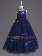 Custom Fit Floor Length Navy Blue Child Pageant Dress Scoop Sleeveless Zipper