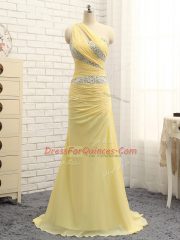 Yellow Chiffon Zipper Evening Dress Sleeveless Floor Length Brush Train Beading and Ruching