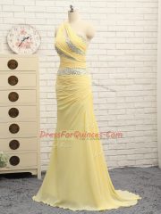 Yellow Chiffon Zipper Evening Dress Sleeveless Floor Length Brush Train Beading and Ruching