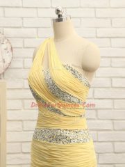 Yellow Chiffon Zipper Evening Dress Sleeveless Floor Length Brush Train Beading and Ruching