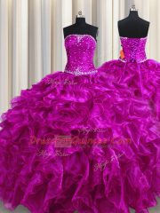 Pretty Fuchsia Sleeveless Organza Lace Up Quinceanera Gowns for Military Ball and Sweet 16 and Quinceanera