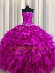 Pretty Fuchsia Sleeveless Organza Lace Up Quinceanera Gowns for Military Ball and Sweet 16 and Quinceanera