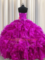 Pretty Fuchsia Sleeveless Organza Lace Up Quinceanera Gowns for Military Ball and Sweet 16 and Quinceanera