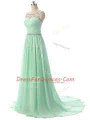 Apple Green Zipper Scoop Beading and Ruching Dress for Prom Chiffon Sleeveless Brush Train