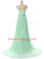 Apple Green Zipper Scoop Beading and Ruching Dress for Prom Chiffon Sleeveless Brush Train