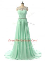 Apple Green Zipper Scoop Beading and Ruching Dress for Prom Chiffon Sleeveless Brush Train