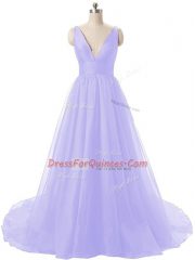 Sexy Lavender Organza Backless Sleeveless Brush Train Ruching