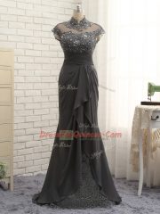 Black Column/Sheath High-neck Cap Sleeves Chiffon Floor Length Zipper Lace and Ruching Prom Dresses