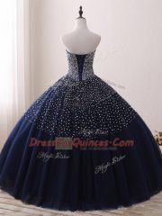 Low Price Beading Sweet 16 Dress Navy Blue Lace Up Sleeveless Floor Length
