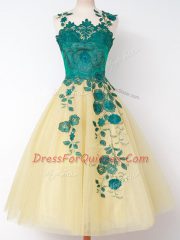 Gold A-line Tulle Straps Sleeveless Appliques Knee Length Lace Up Dama Dress