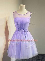 Fantastic Lavender Empire Tulle Scoop Sleeveless Belt Knee Length Lace Up Dama Dress for Quinceanera