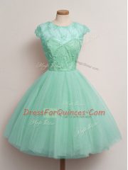 Flare Apple Green Scoop Neckline Lace Damas Dress Cap Sleeves Lace Up