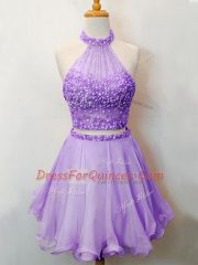 Knee Length Two Pieces Sleeveless Lavender Dama Dress for Quinceanera Lace Up
