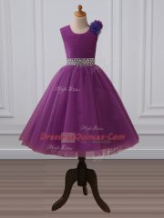 Tea Length Zipper Kids Pageant Dress Purple for Wedding Party with Beading and Hand Made Flower