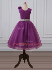 Tea Length Zipper Kids Pageant Dress Purple for Wedding Party with Beading and Hand Made Flower