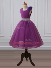 Tea Length Zipper Kids Pageant Dress Purple for Wedding Party with Beading and Hand Made Flower