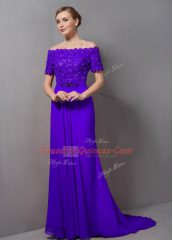 Adorable Empire Short Sleeves Purple Evening Dress Sweep Train Zipper