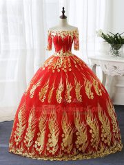 Red Half Sleeves Appliques Floor Length Quinceanera Gown