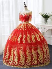 Red Half Sleeves Appliques Floor Length Quinceanera Gown