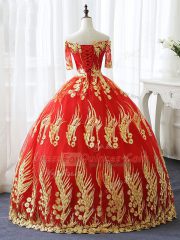 Red Half Sleeves Appliques Floor Length Quinceanera Gown