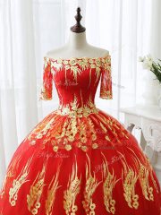 Red Half Sleeves Appliques Floor Length Quinceanera Gown