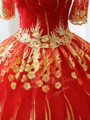 Red Half Sleeves Appliques Floor Length Quinceanera Gown