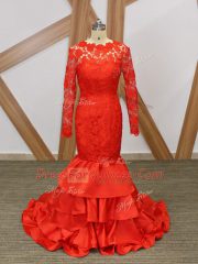 Edgy Red Scoop Neckline Lace and Appliques Prom Gown Long Sleeves Backless