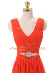 Chiffon V-neck Sleeveless Zipper Beading and Ruching Prom Evening Gown in Red