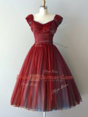 Rust Red V-neck Lace Up Ruching Dama Dress for Quinceanera Cap Sleeves