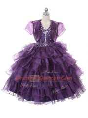 Purple Ball Gowns Halter Top Sleeveless Organza Floor Length Lace Up Ruffled Layers Kids Pageant Dress