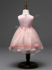 Custom Fit Sleeveless Knee Length Hand Made Flower Zipper Flower Girl Dresses with Pink