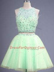 Fantastic Yellow Green Tulle Lace Up Quinceanera Dama Dress Sleeveless Knee Length Beading