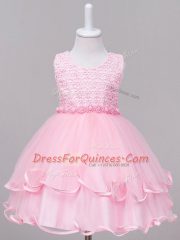 Baby Pink Tulle Zipper Kids Formal Wear Sleeveless Knee Length Lace