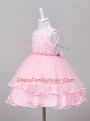 Baby Pink Tulle Zipper Kids Formal Wear Sleeveless Knee Length Lace